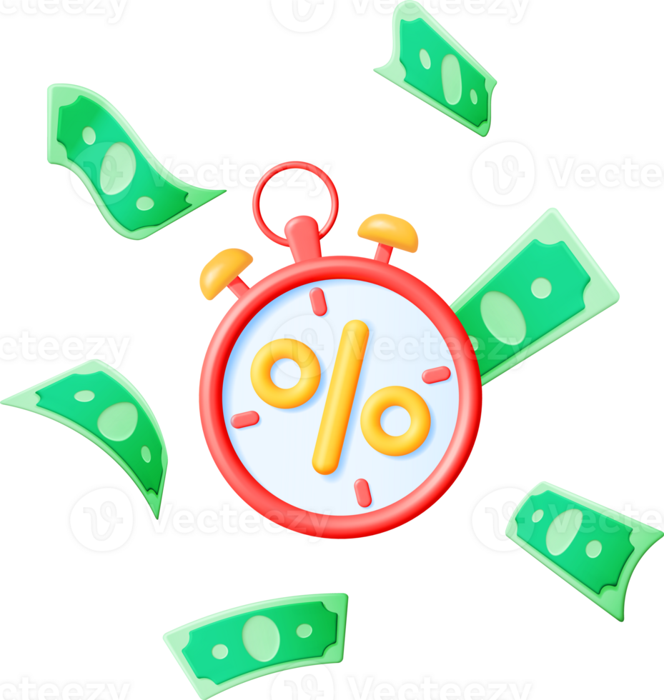 3D Alarm Clock with Percentage Sign and Dollars png