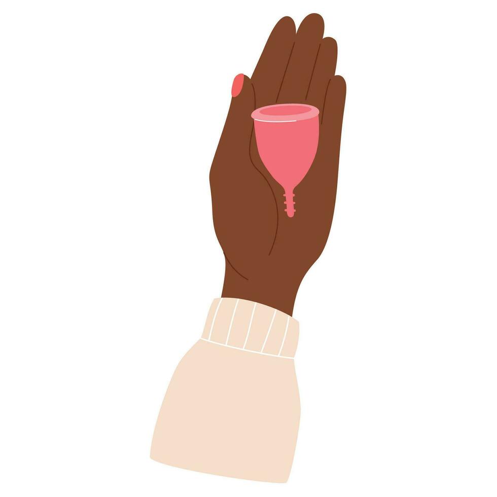 African american black Woman hand holding menstrual cup with blood. Zero waste. Protection in critical days vector