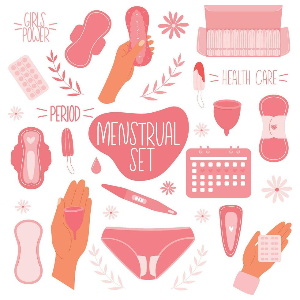 Menstrual set with feminine hygiene products. Menstrual cycle. Period. Zero waste objects. vector