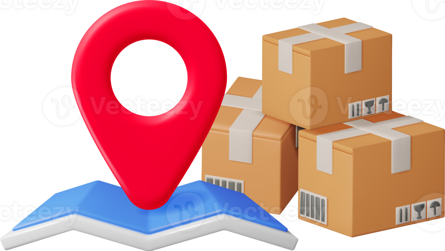 3d caja de cartón embalaje caja con mapa y ubicación alfiler png