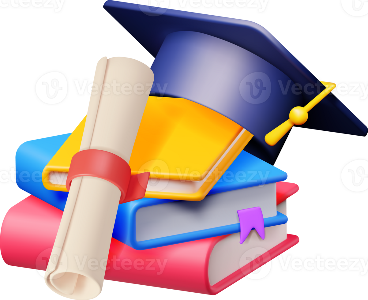 3D Graduation Cap with Diploma and Pile of Books png