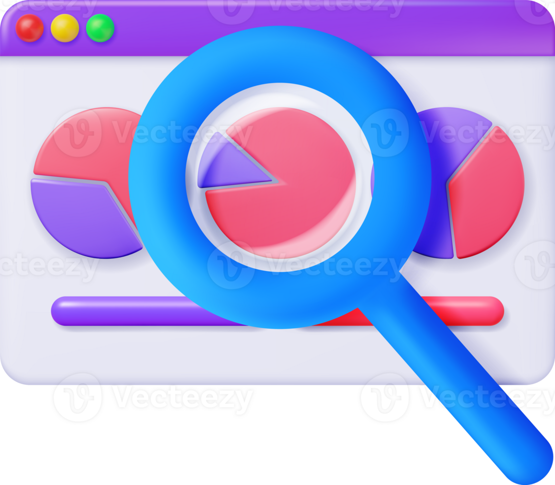 3D Pie Diagram in Window with Magnifying Glass png