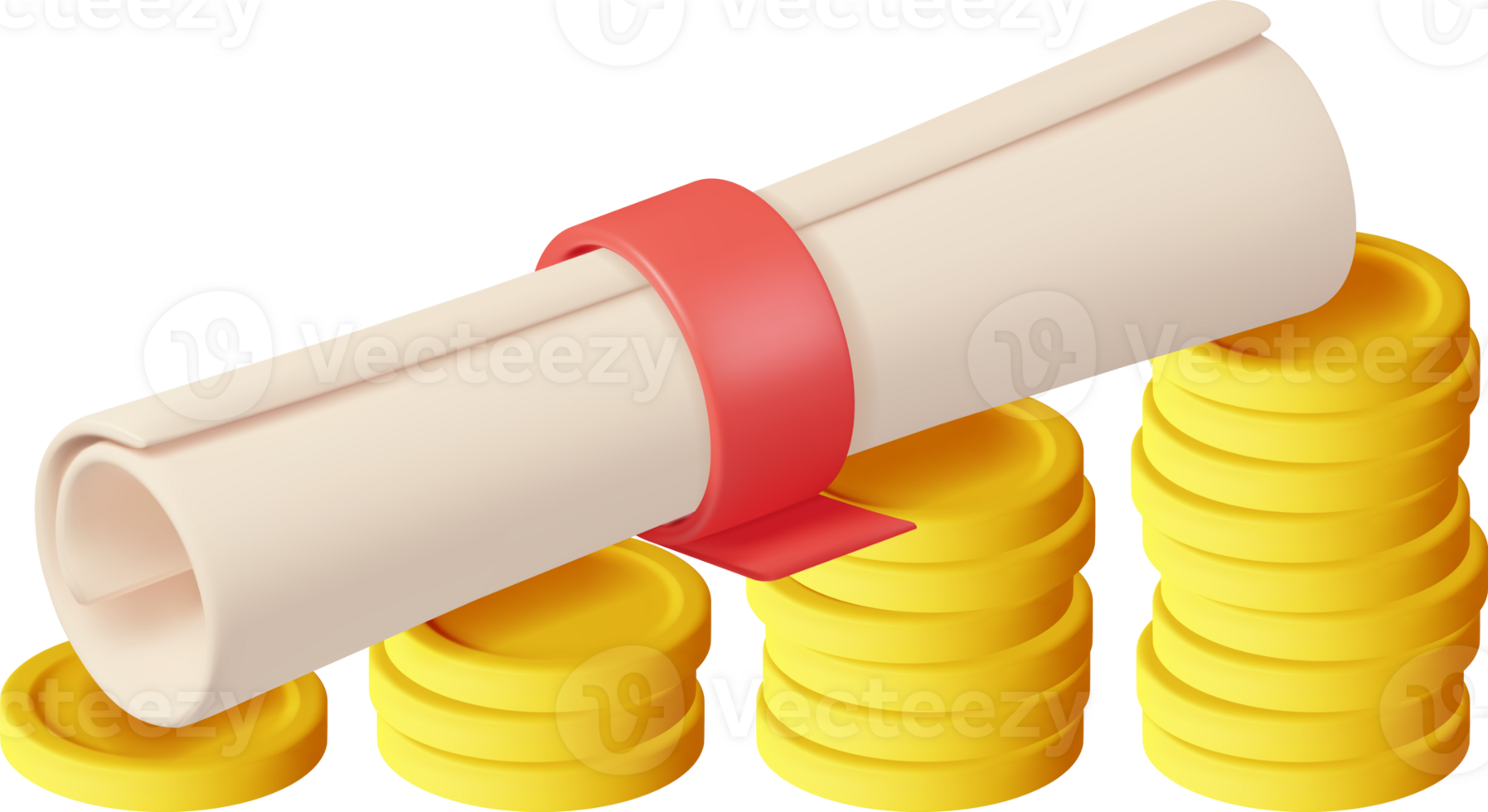 3D Graduation Diploma Scroll and Gold Coin Stacks png