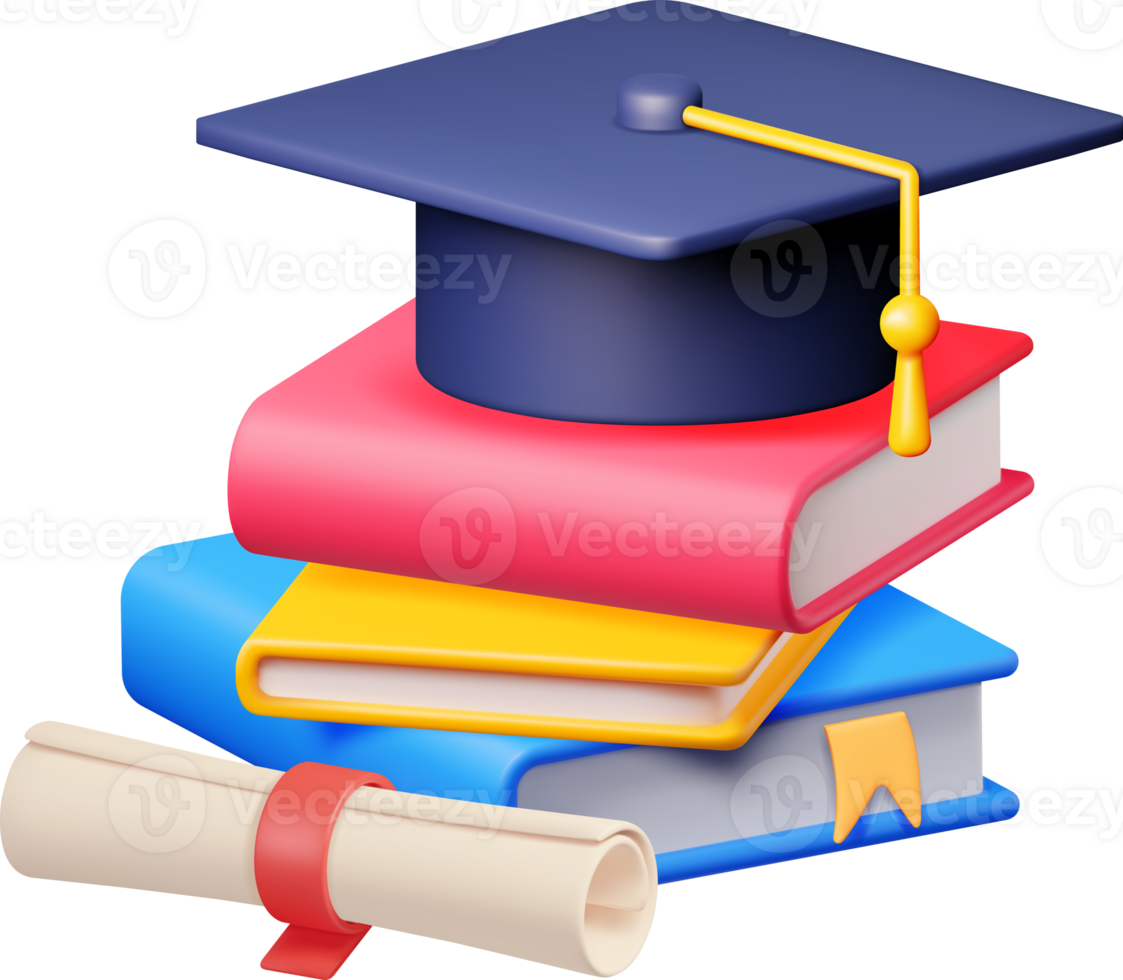 3D Graduation Cap with Diploma and Pile of Books png