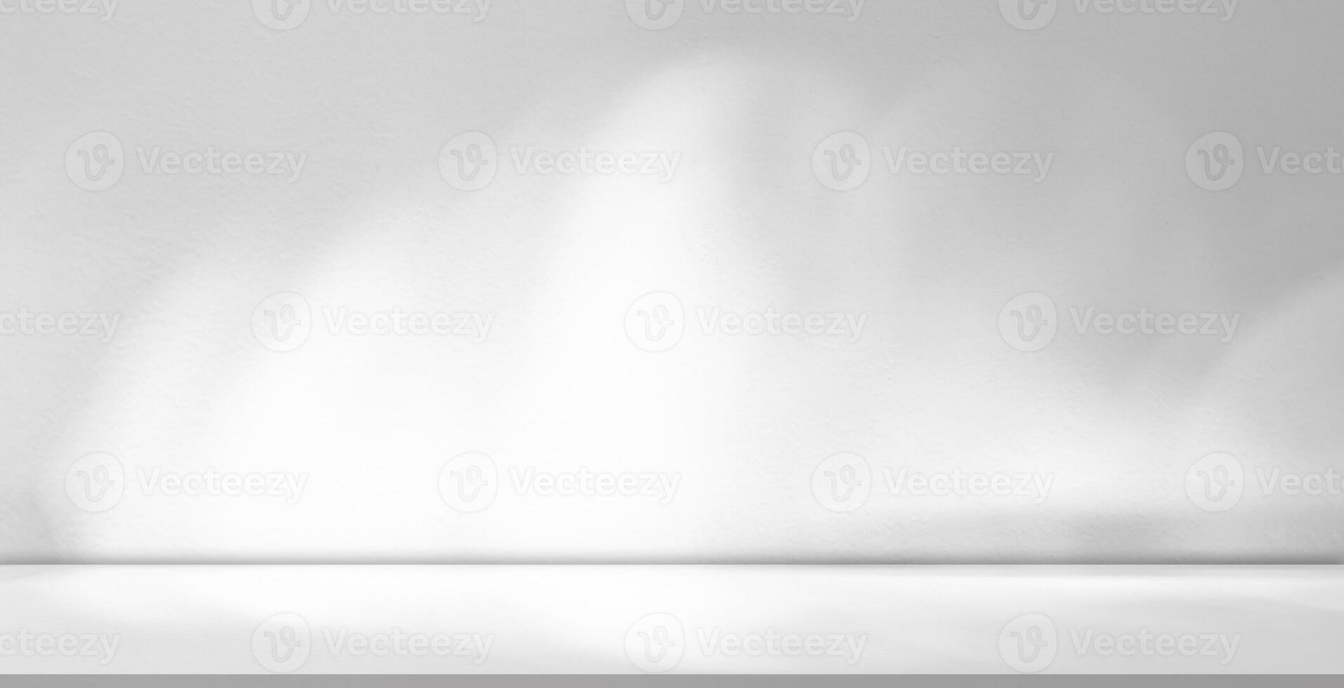 Background White Wall Studio Room,Empty Kitchen Wall with Light,Shadow on Table Top Surface Texture,Pano Backdrop Scene Concrete Room Display with sunlight for summer,Spring cosmetic product present photo