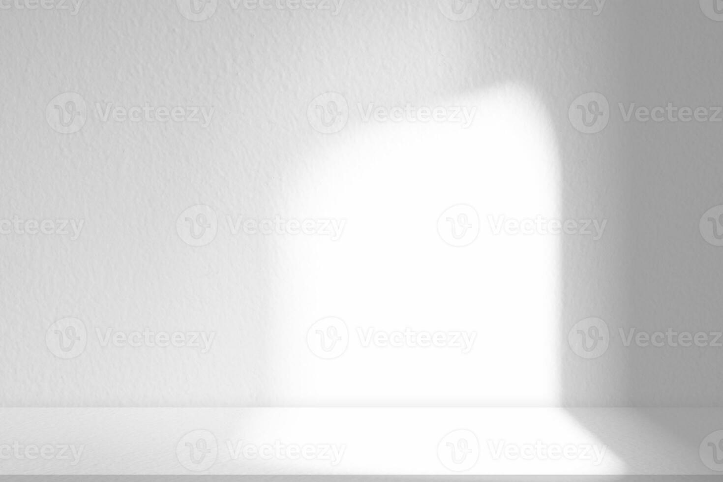 Background White Wall Studio,Empty Cement Room Background of Kitchen with Light,Shadow on Desk Podium  Surface Texture,Backdrop Product Present, Grey Concrete Display with Sunlight effect on Top Shelf photo