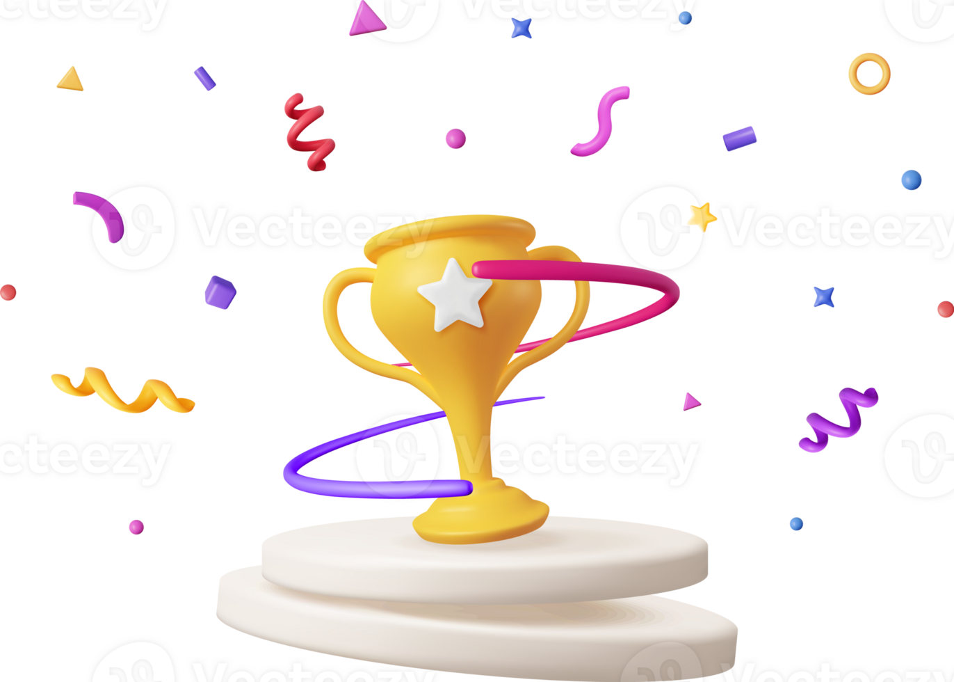 3D Golden Champion Trophy with Confetti on Podium png