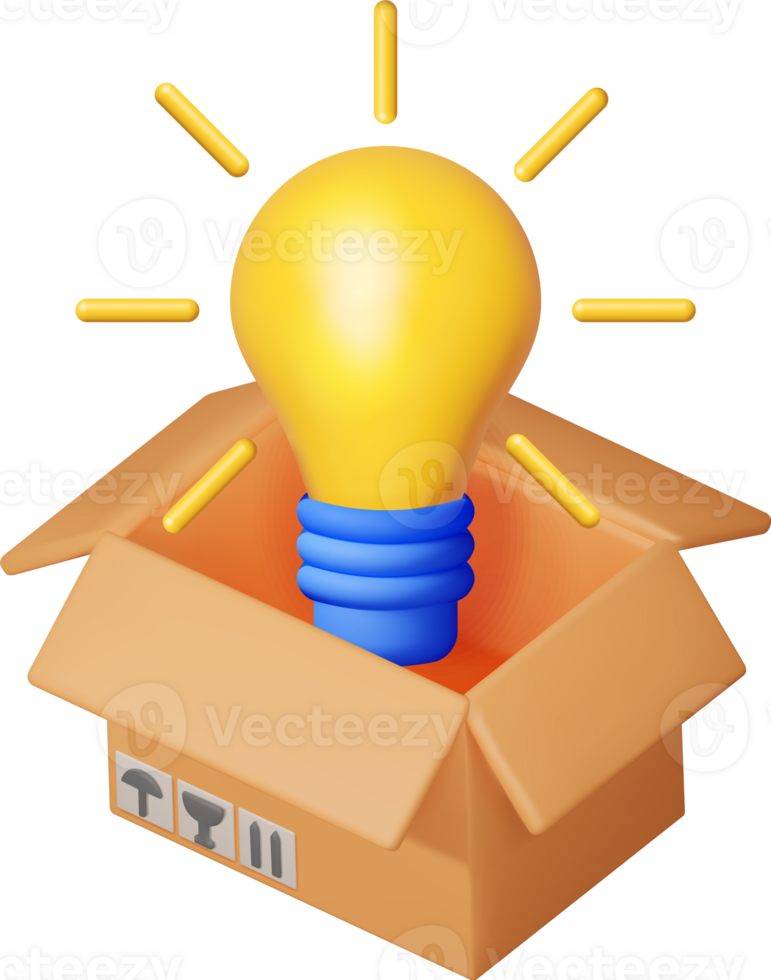 3D Light Idea Bulb Ejected from Cardboard Box png