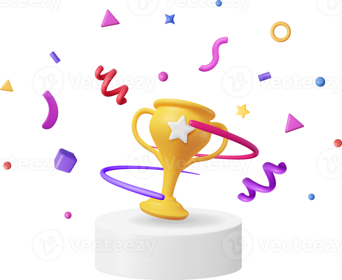 3D Golden Champion Trophy with Confetti on Podium png