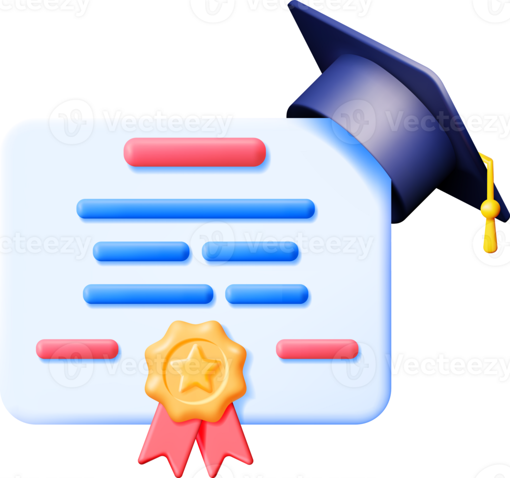 3D Certificate with Stamp and Graduation Cap png