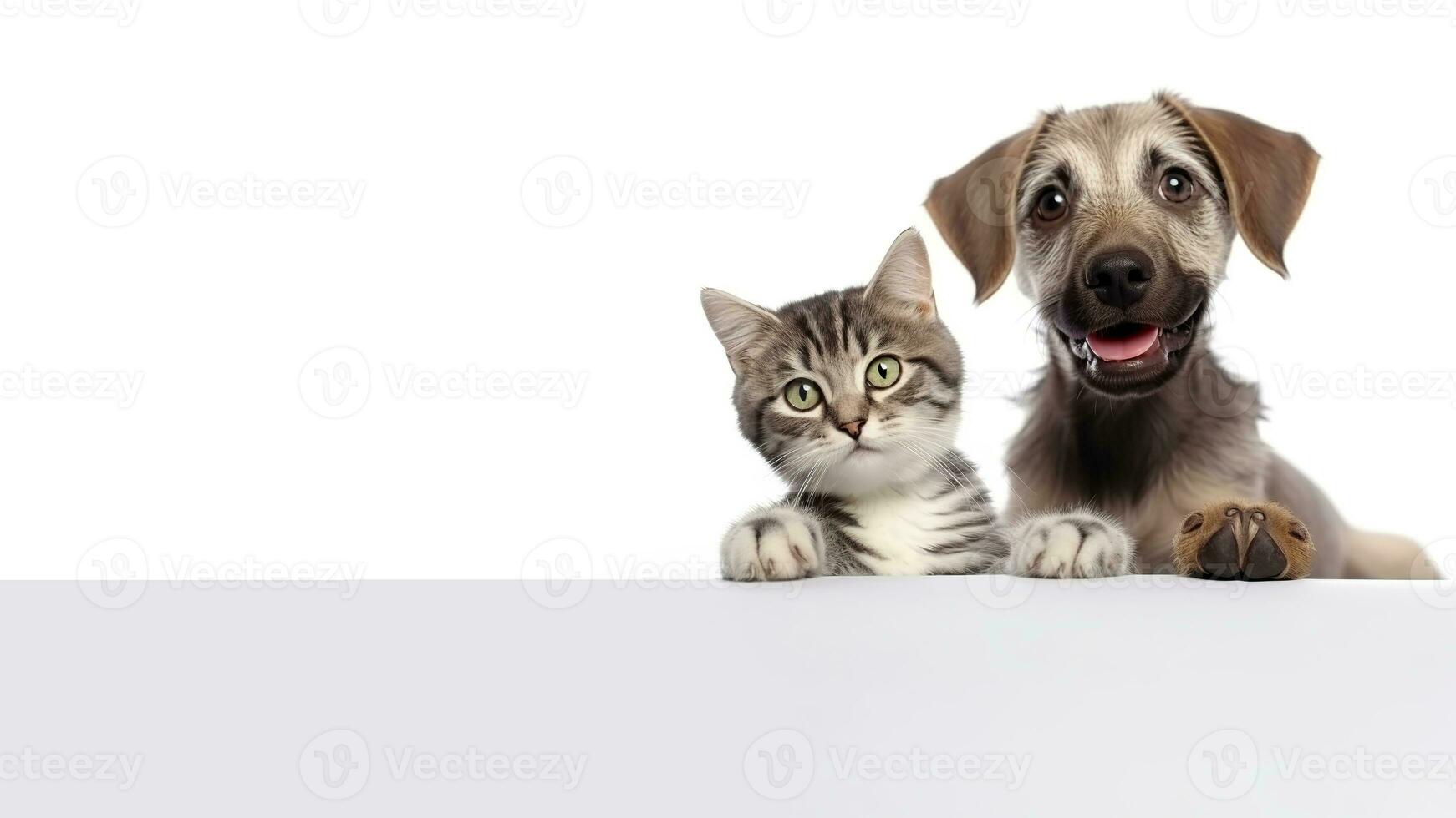 ai generado perro y gato con contento expresión participación blanco firmar foto