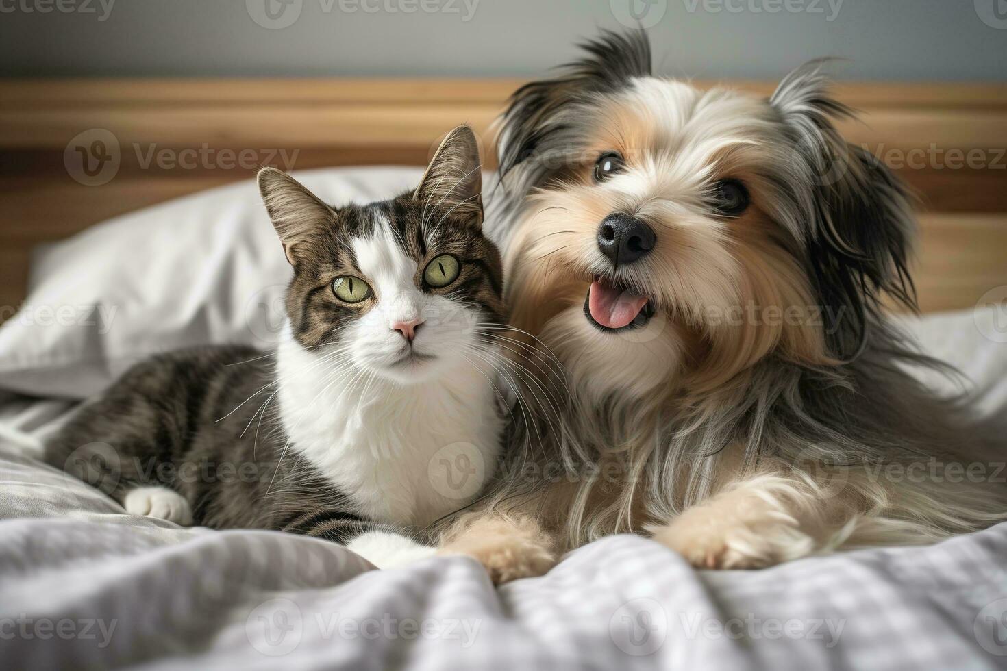 AI generated Cute Dog and Cat Together on Cozy Bed photo