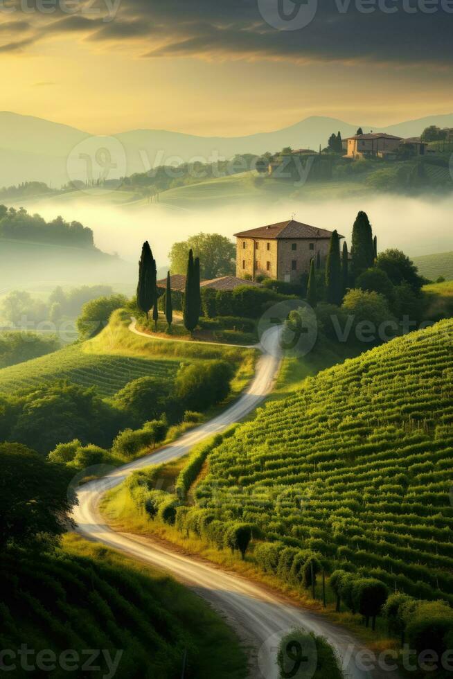 AI generated Italian Farmhouse Scene on Foggy Morning photo