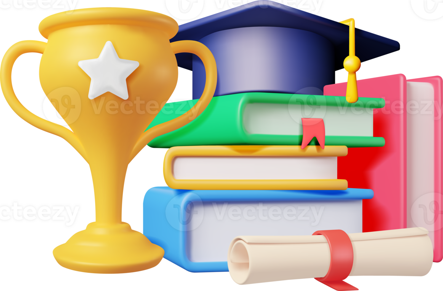 3D Gold Trophy, Books Stack and Graduation Cap png