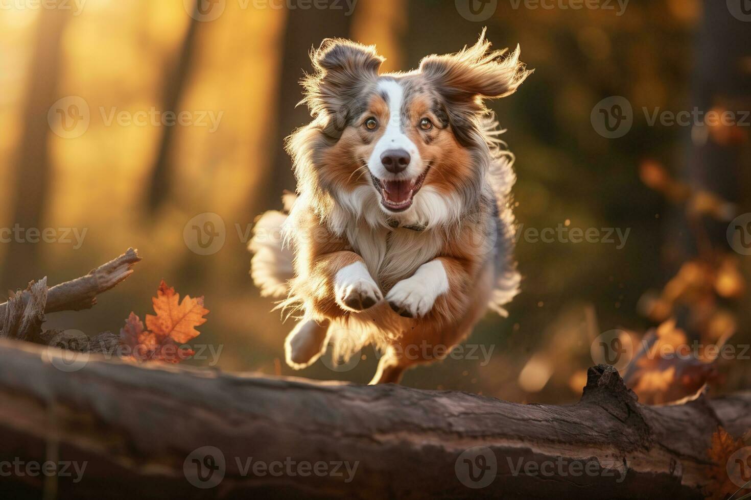 AI generated Australian Shepherd Dog Leaping Over Log in Sunlit Park photo