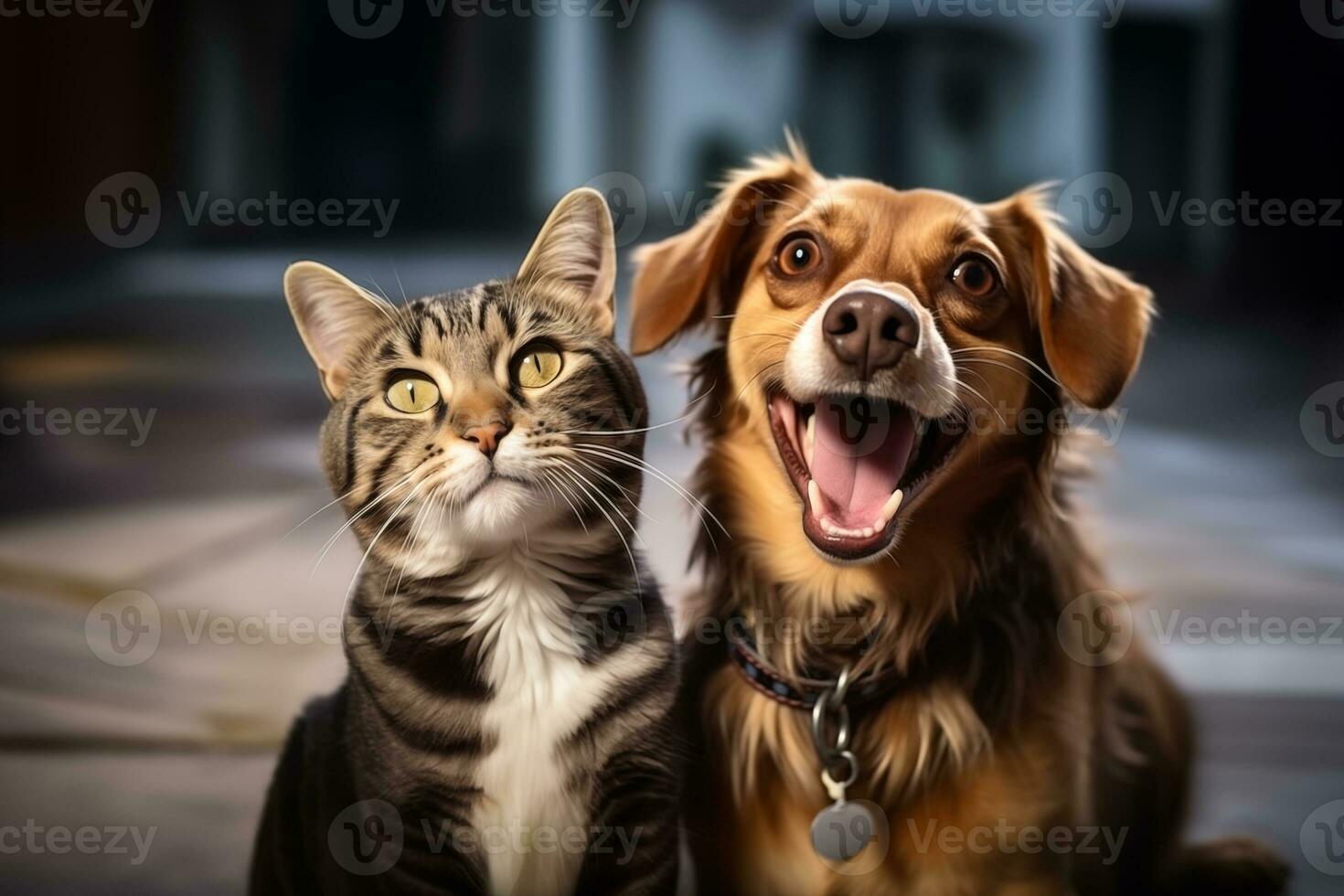 AI generated Happy Cat and Dog Closeup Outdoors photo