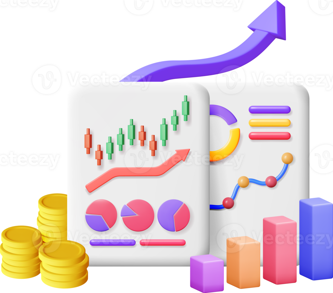 3D Financial Reports with Cash Money and Chart png