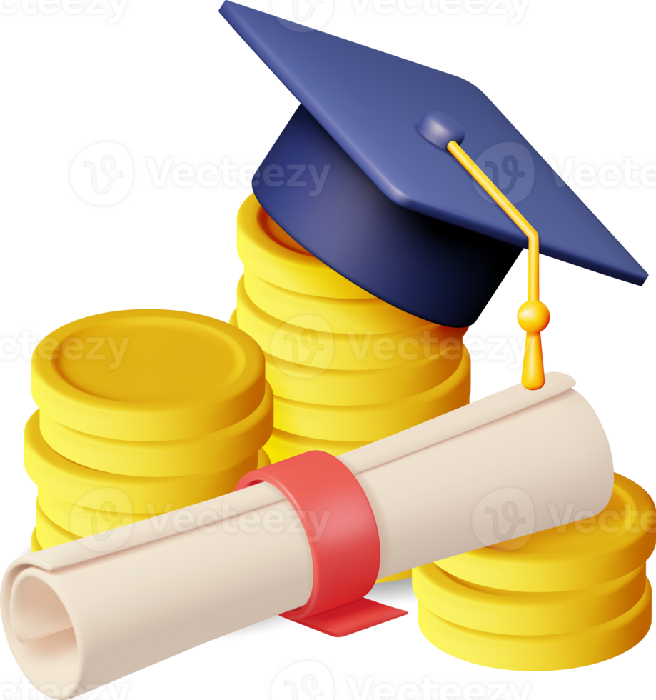 3D Graduation Cap and Diploma with Cash Money png