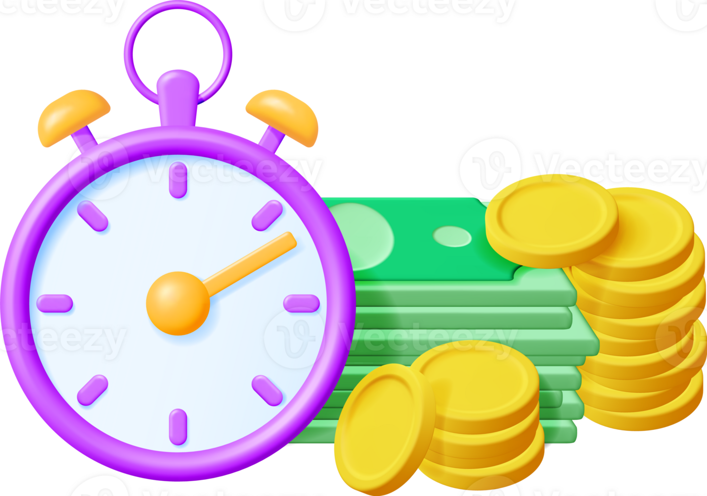 3D Clock with Dollar Banknotes and Coins png