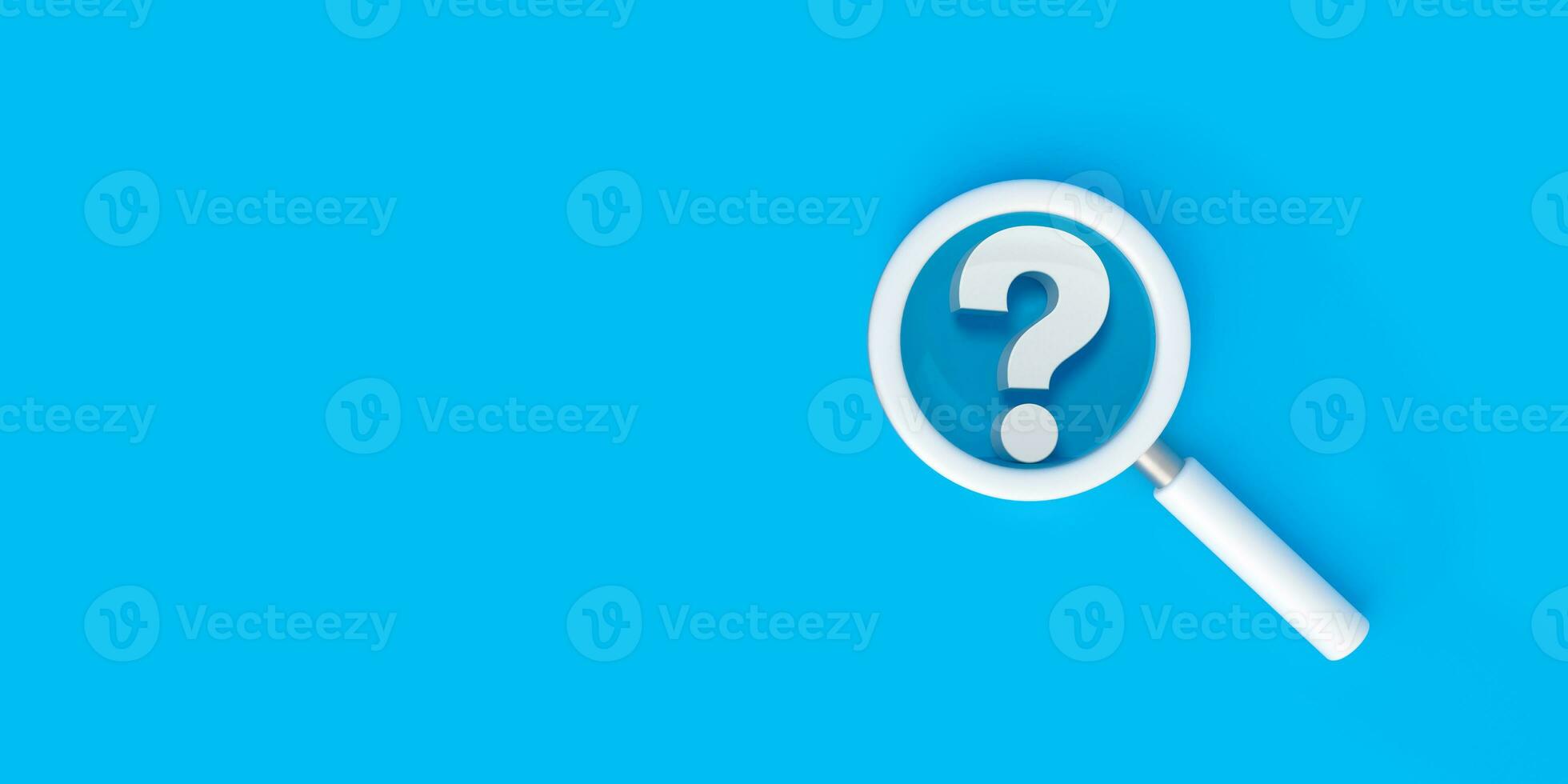 Magnifying glass and question mark icon symbol on blue background with copy space. photo