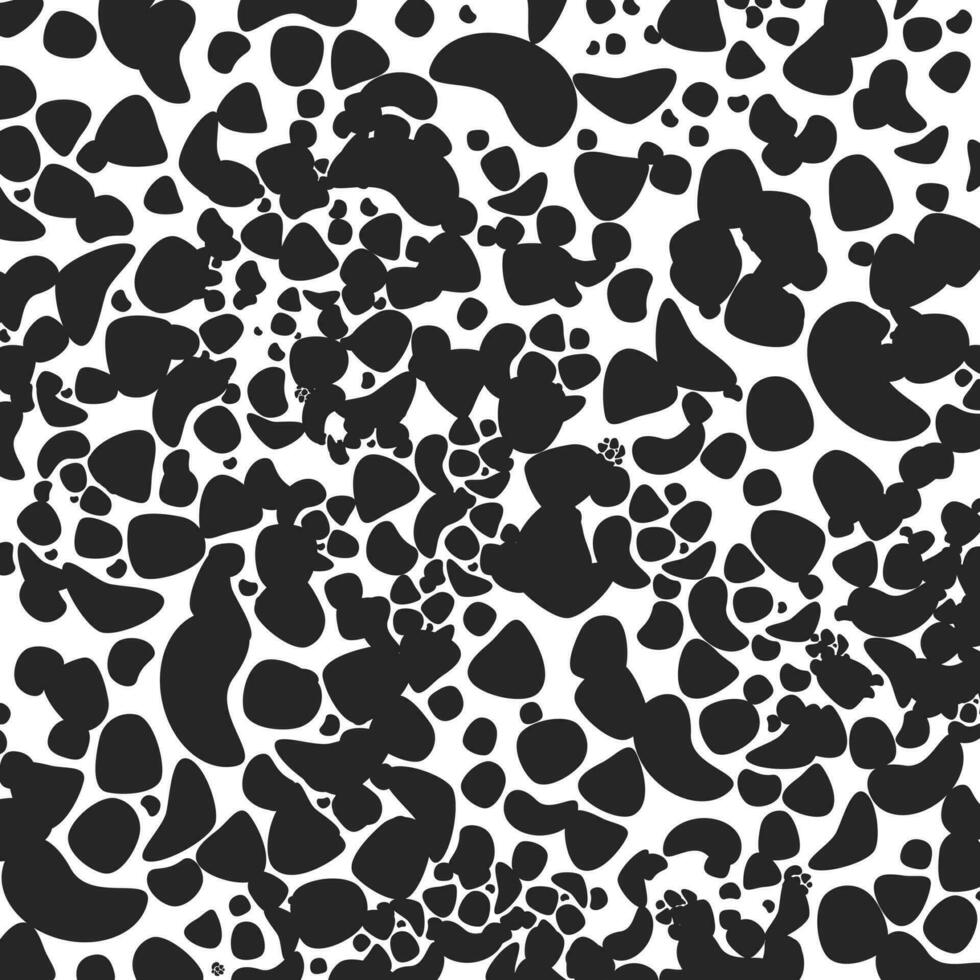 Black and white spotted animal print of Dalmatian or cow. Vector background with animal print. Texture spots and dots of different shapes