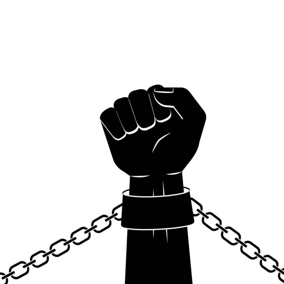 Hand in shackles broken chain. The concept of freedom and human rights. Vector graphic illustration black silhouette