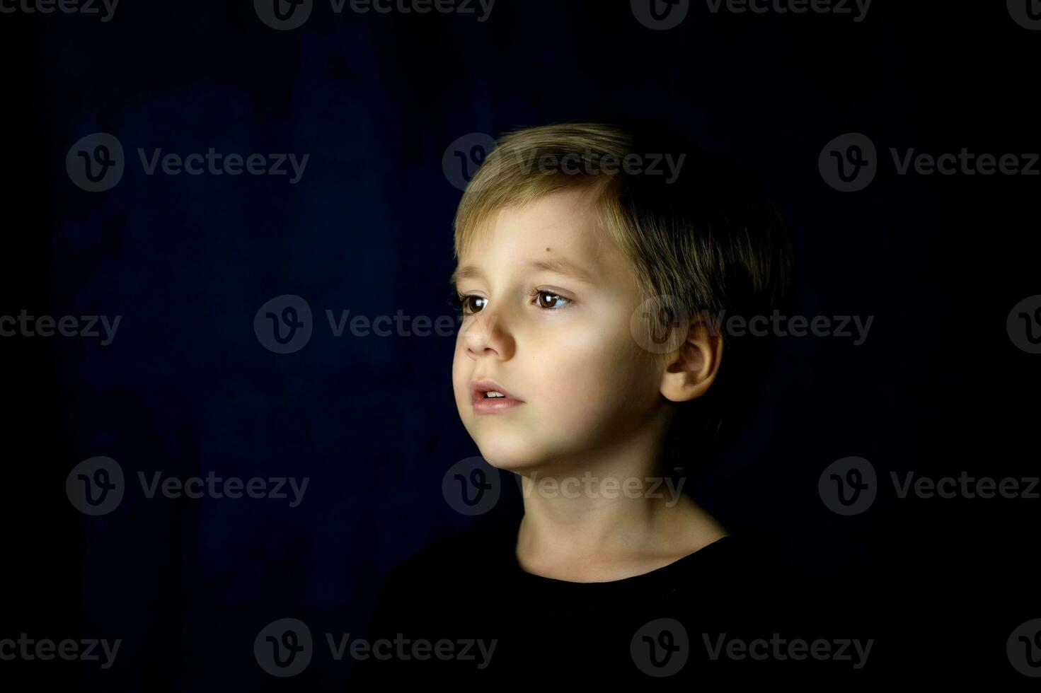 A concise portrait of a European boy. Portrait on a dark background. photo