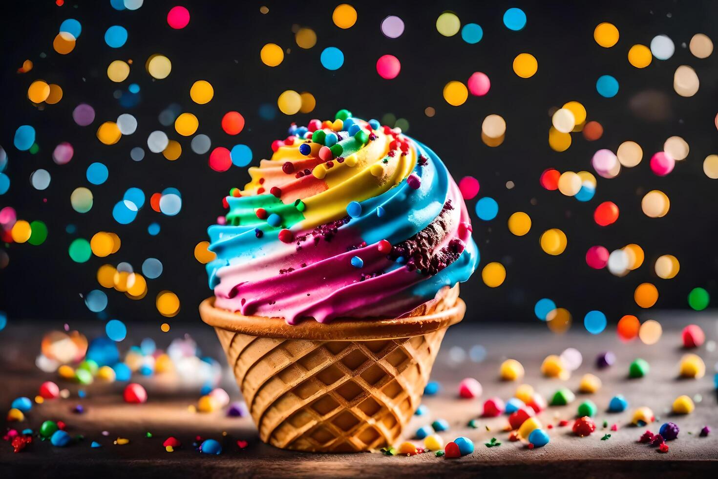 AI generated an ice cream cone with rainbow sprinkles on top photo