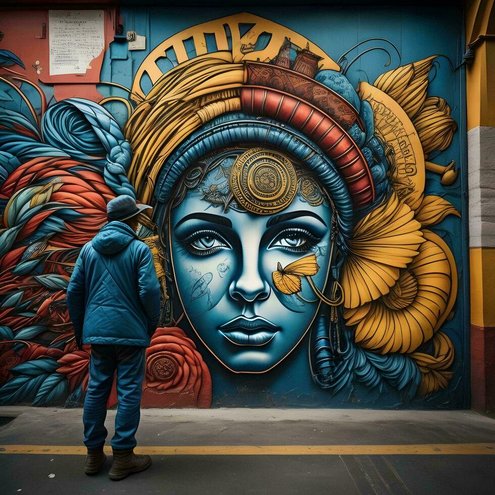 AI generated Mural art at East Williamsburg in Brooklyn. A mural is any piece of artwork painted or applied directly on a wall, ceiling or other permanent surface. generative ai photo