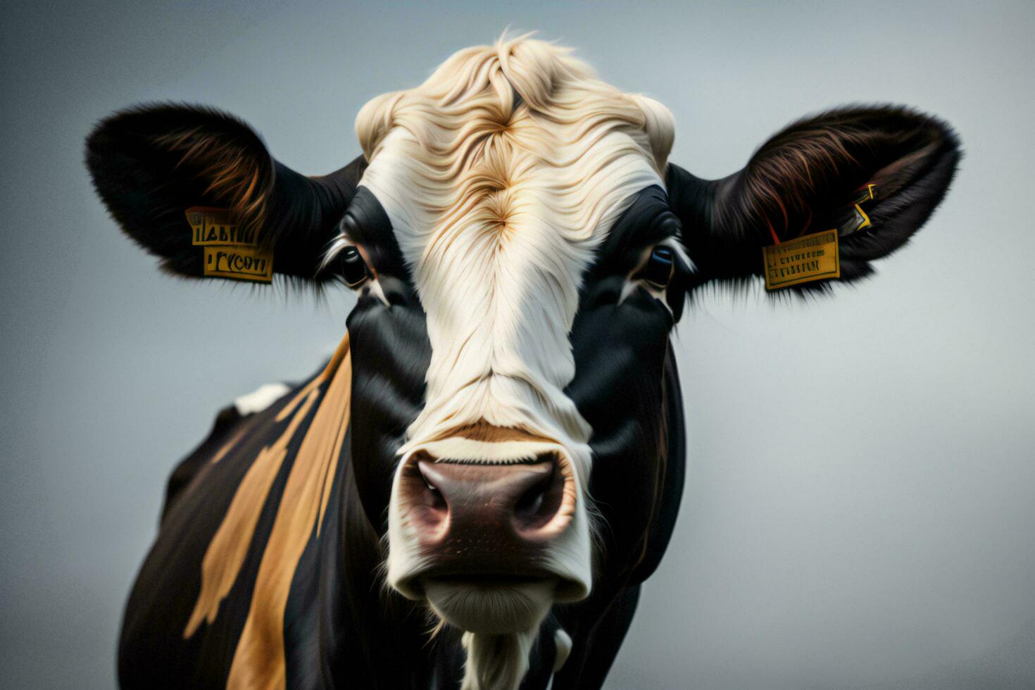 AI generated Close up portrait of a black and white cow with a blurred background. ai generated photo
