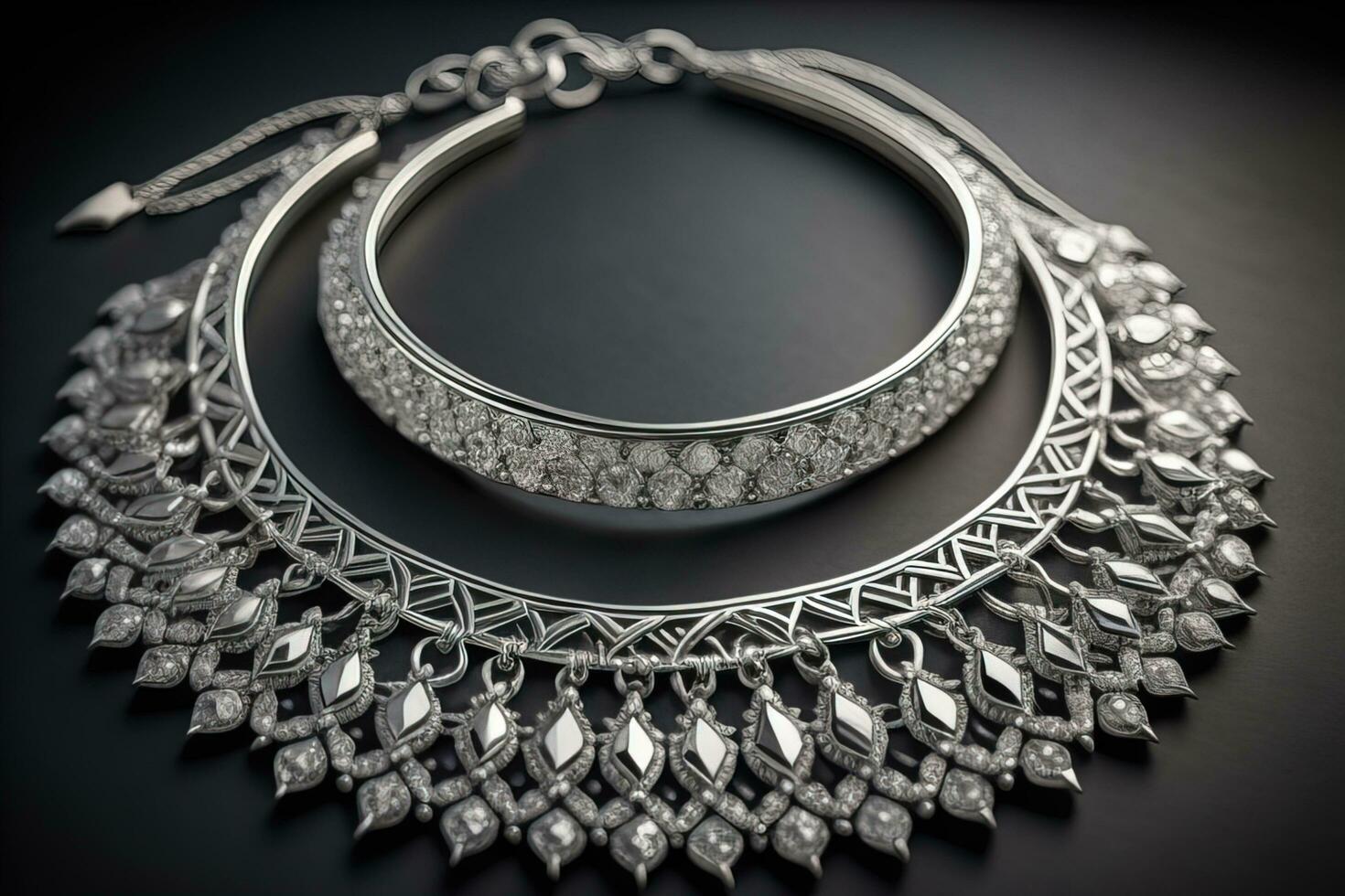AI generated Silver necklace on a solid color background in close-up. ai generative photo