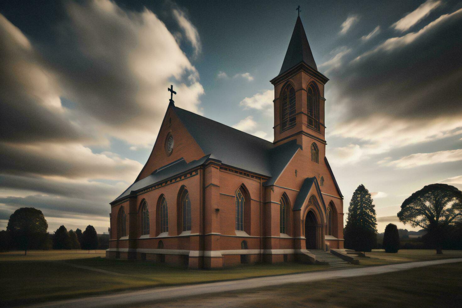 AI generated Church of Our Lady of the Immaculate Conception at sunset. generative ai photo