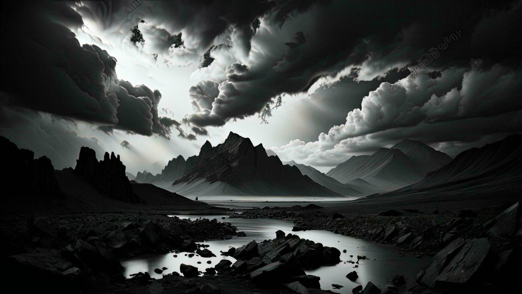 AI generated Fantasy landscape of mountains and lake. Black and white photo. generative ai photo