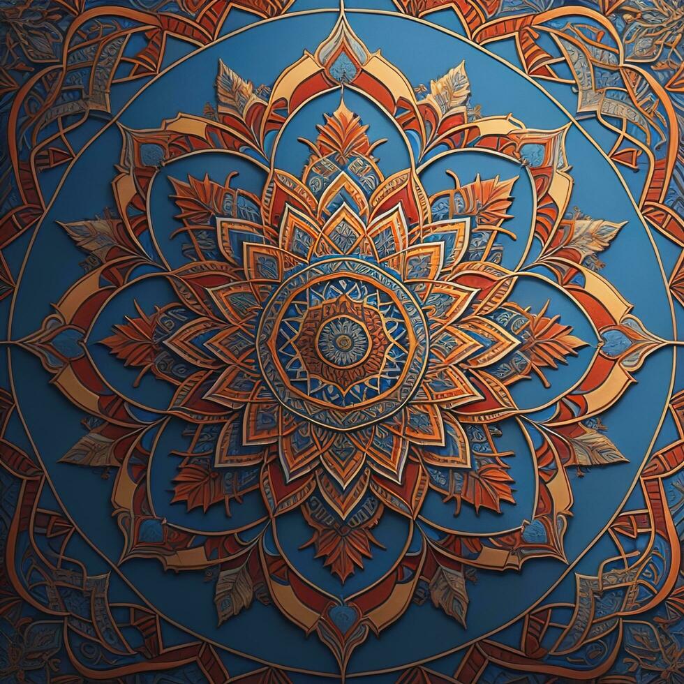 AI generated mandala with floral pattern on blue background. generative ai photo