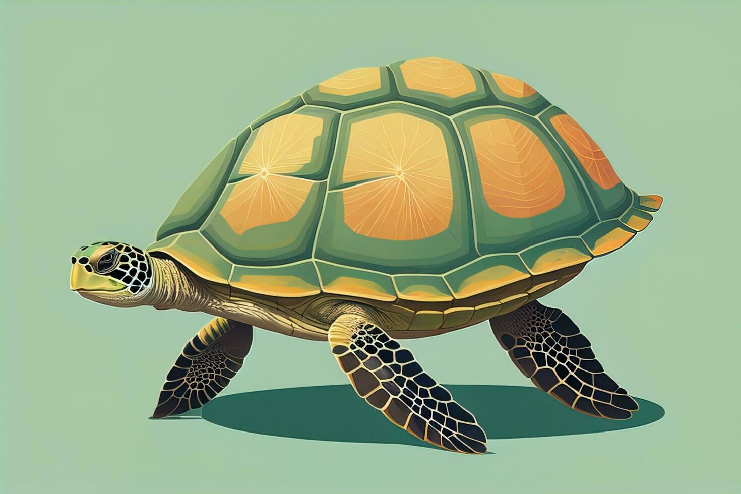 ai generado ilustración de un Tortuga en un verde antecedentes en dibujos animados estilo. ai generativo foto