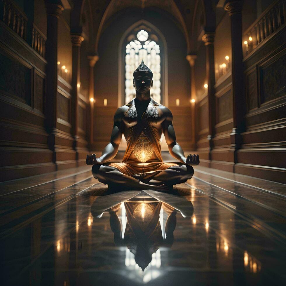 AI generated Buddha meditating in lotus position. generative ai photo