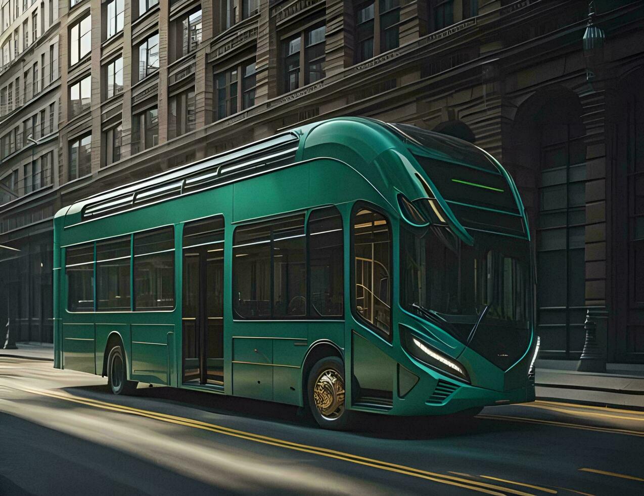 AI generated Green bus on the street in the city. ai generated photo