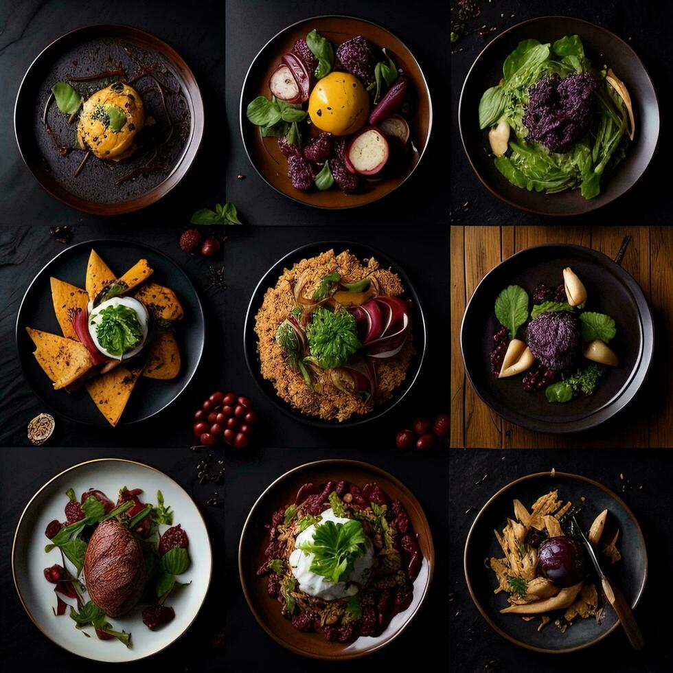 AI generated Collage of different salads and appetizers on dark background, top view. generative ai photo