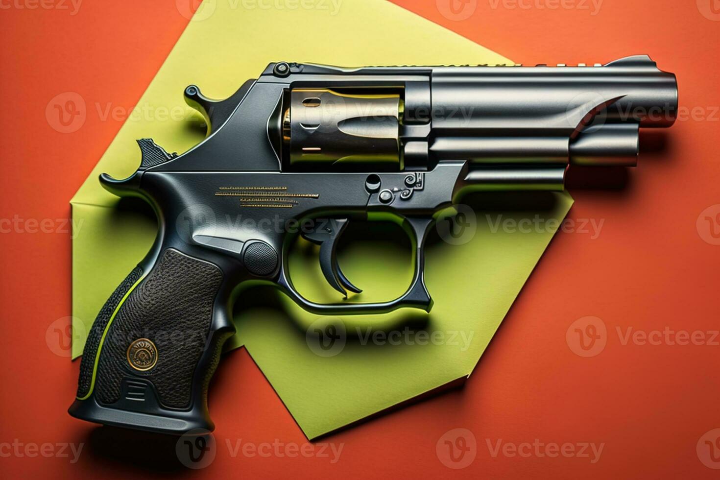 AI generated Revolver gun on a red and yellow background. Top view. generative ai photo