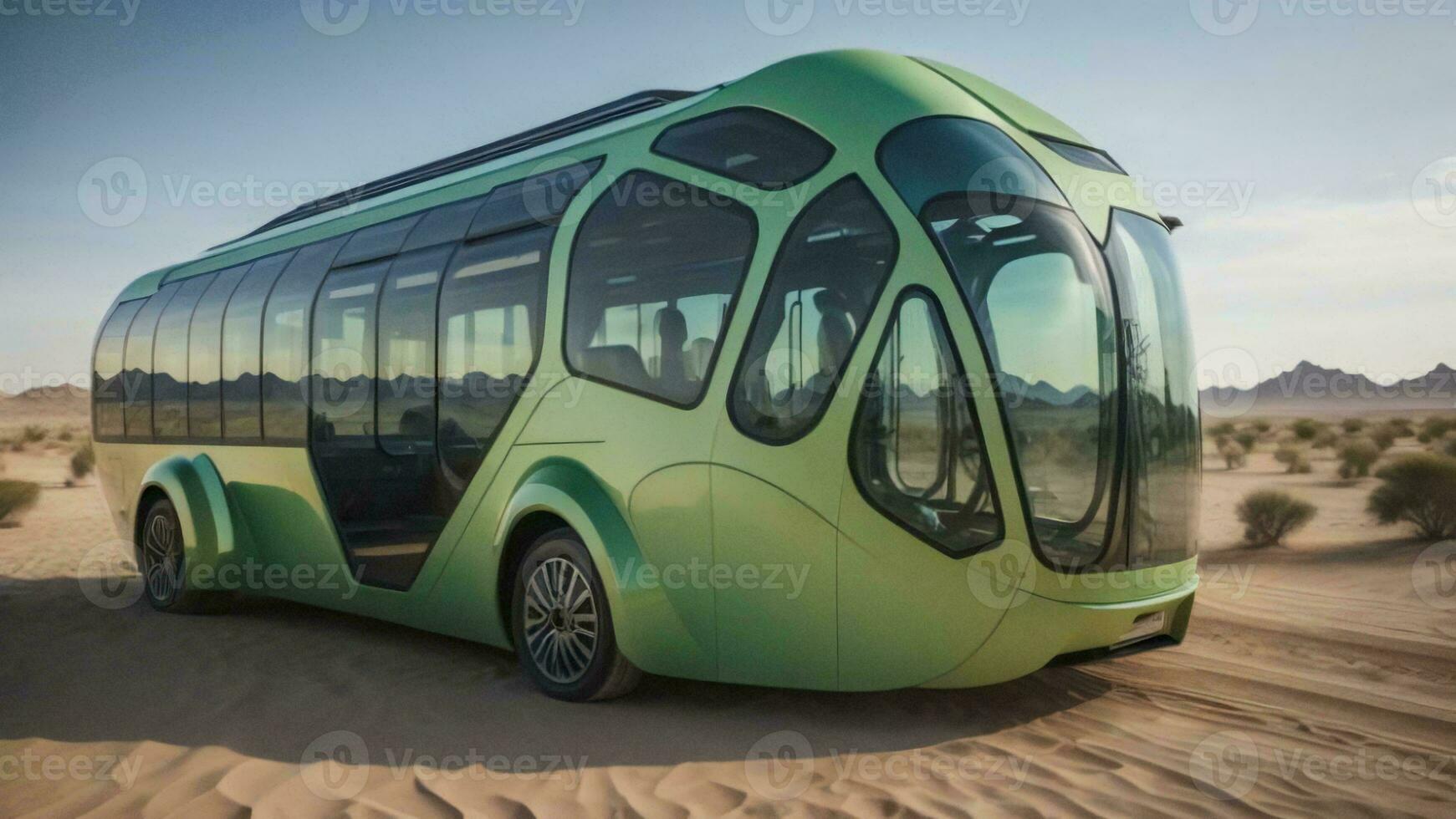 AI generated Green bus in the desert on a sunny day. generative ai photo