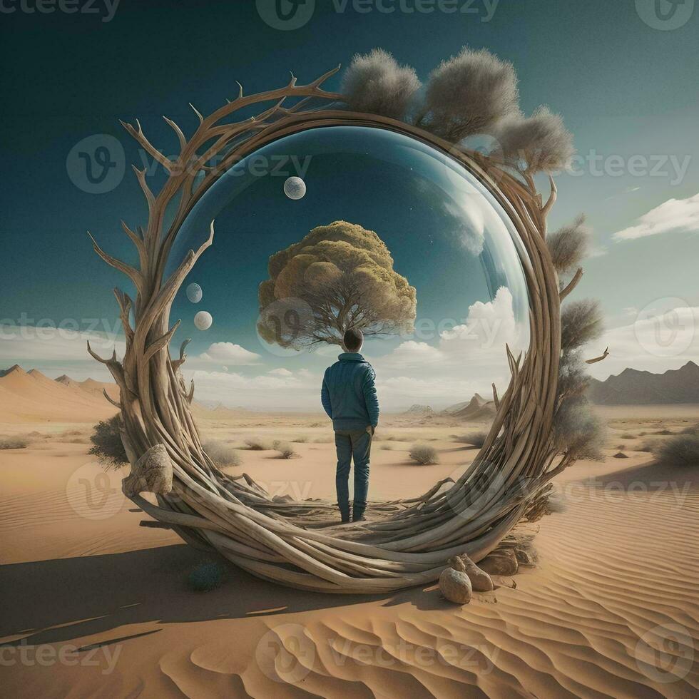AI generated Man in the desert with a tree in the shape of a globe. generative ai photo