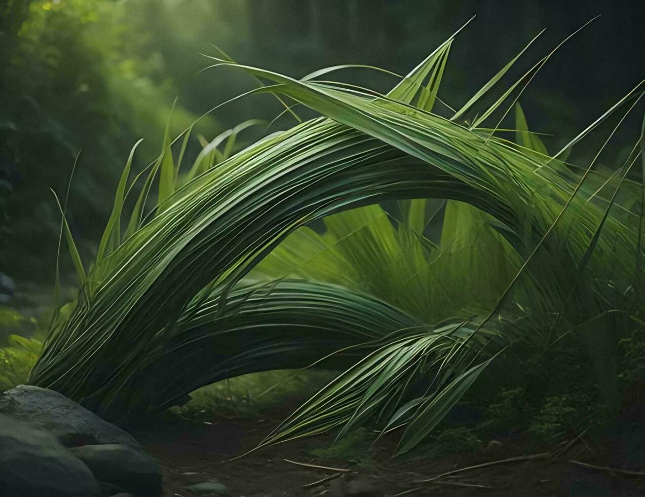 AI generated green leaves of palm tree in the rainforest. nature background. generative ai photo