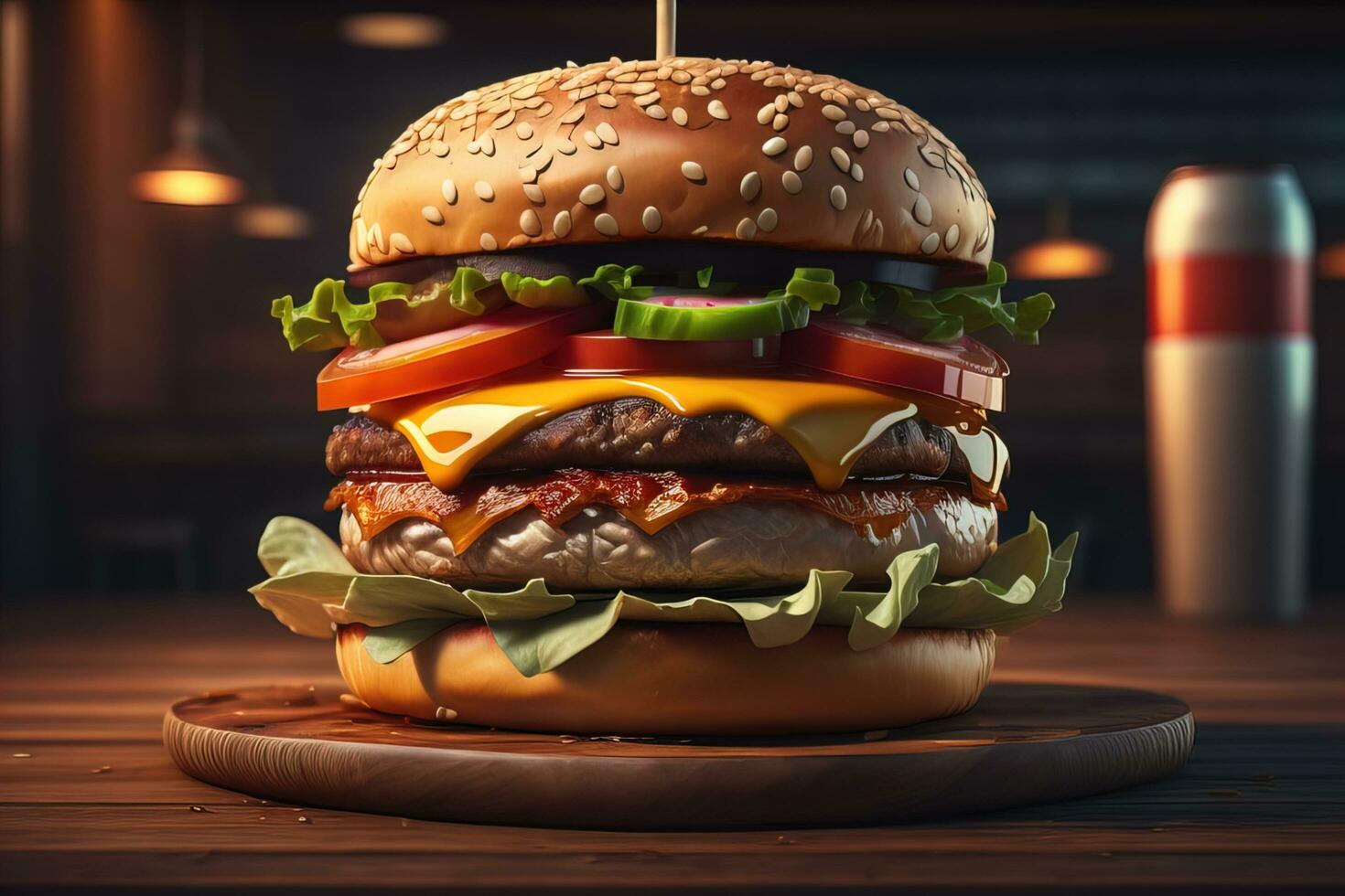 AI generated Big tasty hamburger on wooden table. ai generative photo