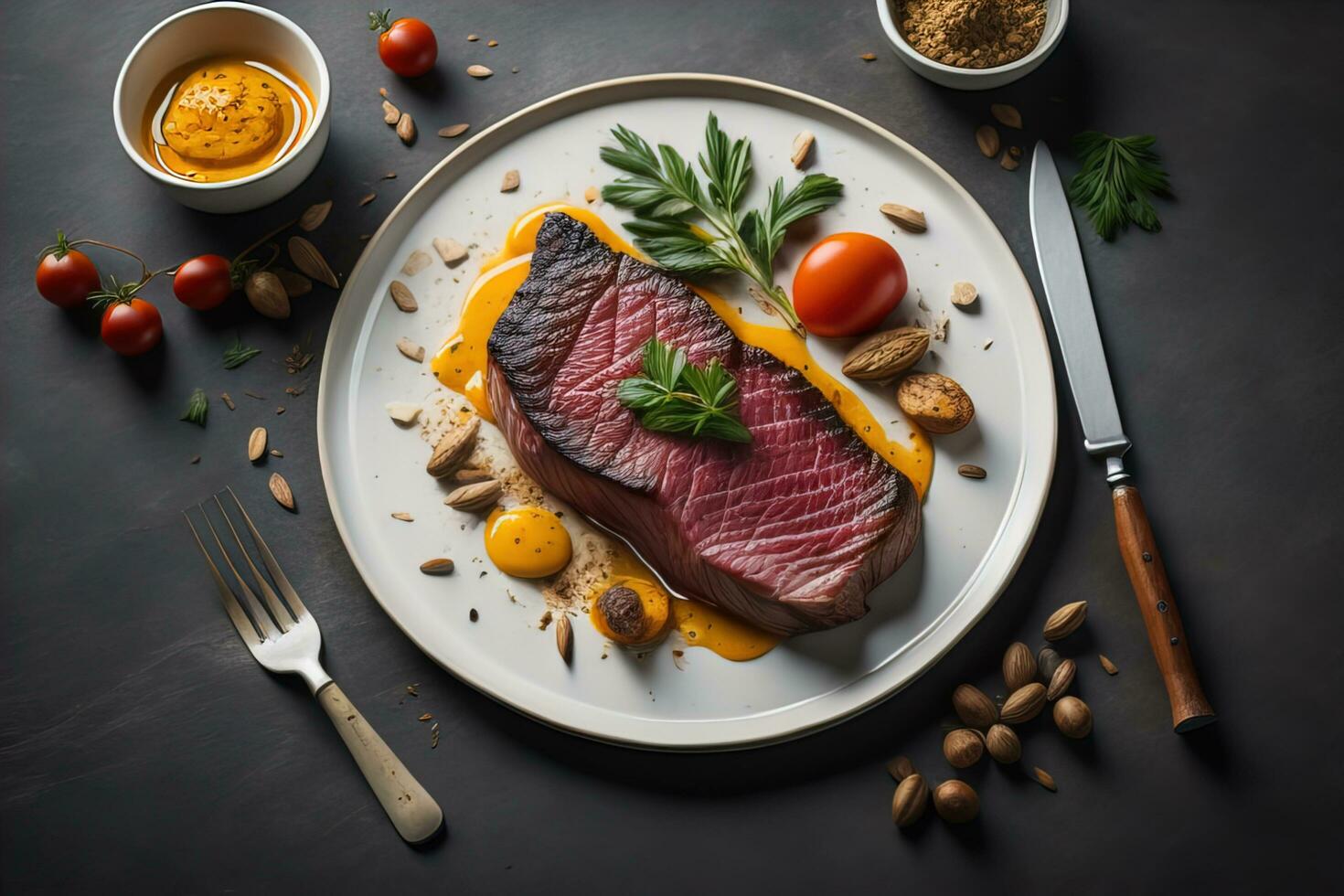 AI generated Sliced beef steak with parsley on a plate. ai generative photo