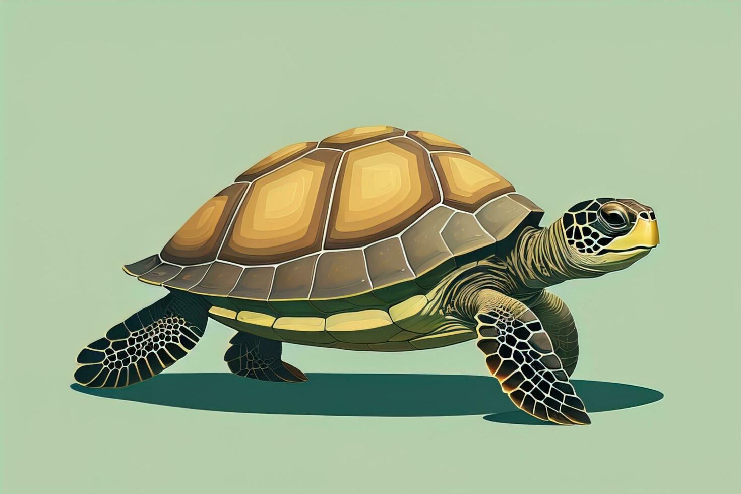 ai generado ilustración de un Tortuga en un verde antecedentes en dibujos animados estilo. ai generativo foto