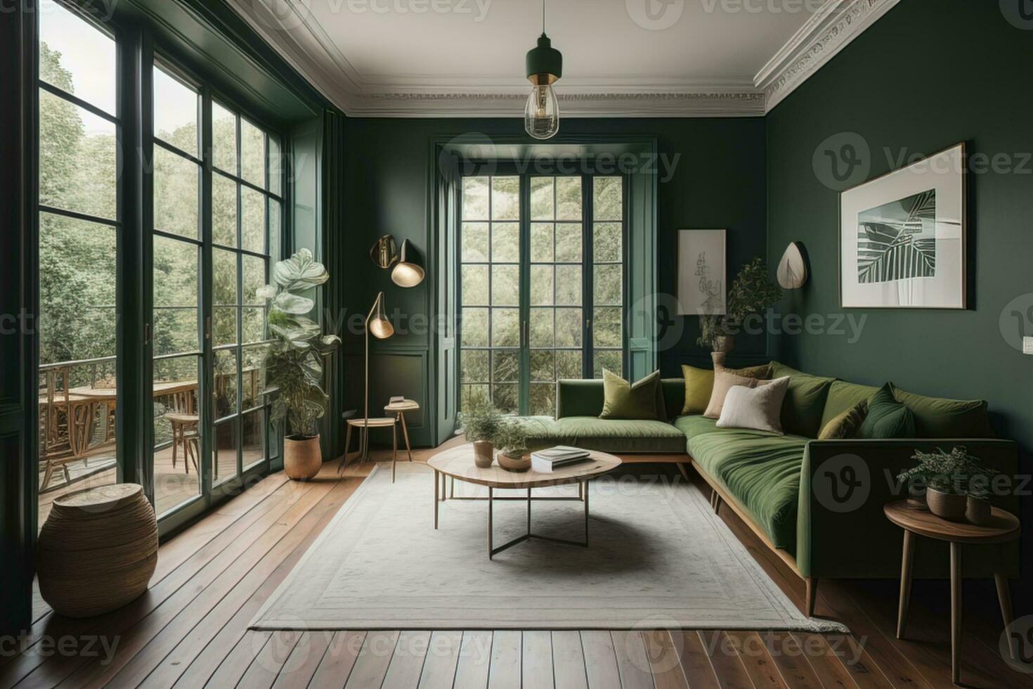AI generated Green living room interior design with green sofa, coffee table and plants. generative ai photo