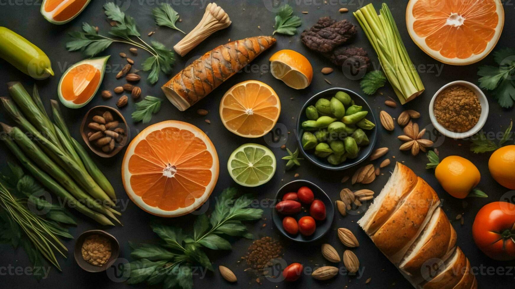AI generated Healthy food selection on black background. Top view, flat lay. generative ai photo