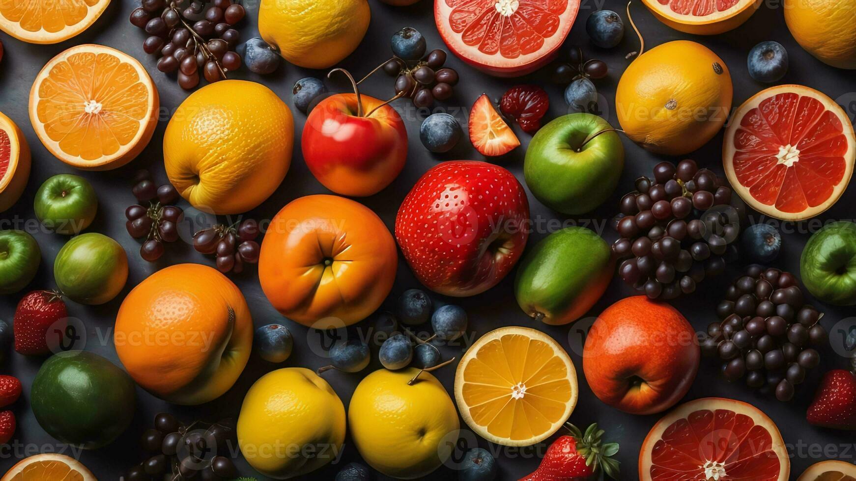 AI generated Assortment of fresh fruits on a dark background. Top view. generative ai photo