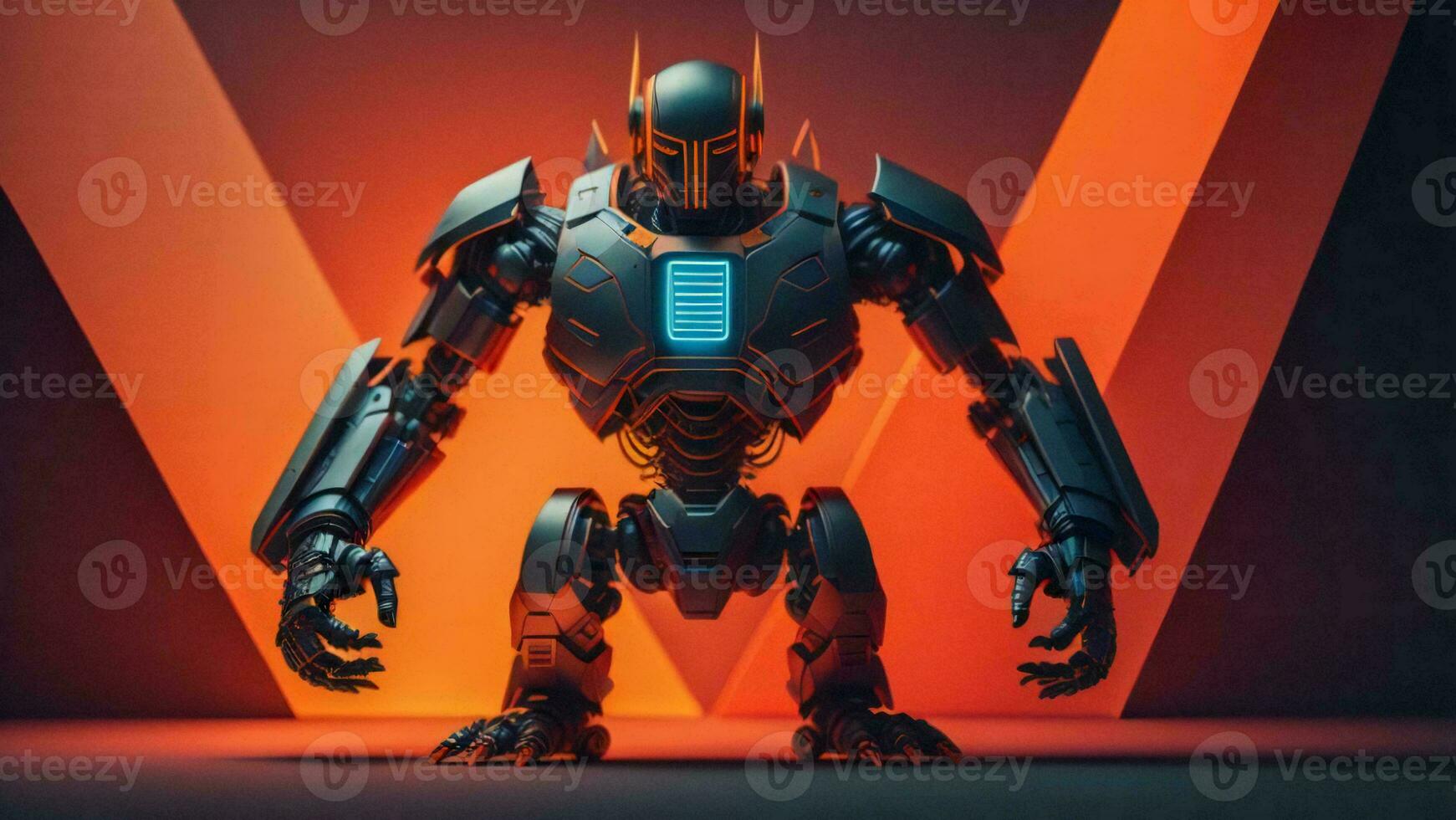AI generated a robot in a studio with orange background. generative ai photo