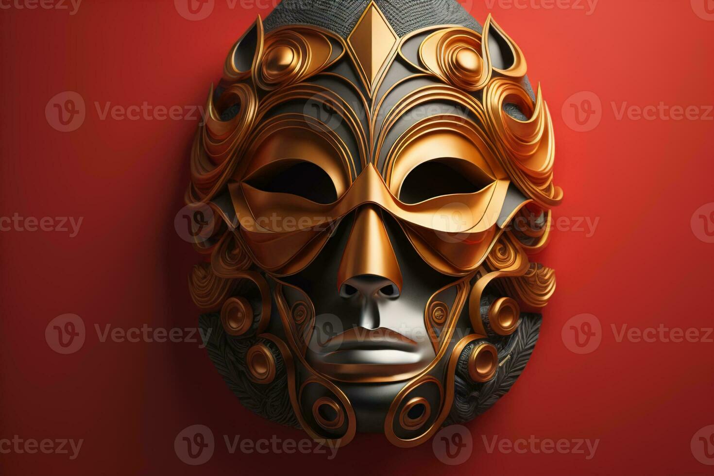 AI generated a mask with a golden pattern on a red background. generative ai photo